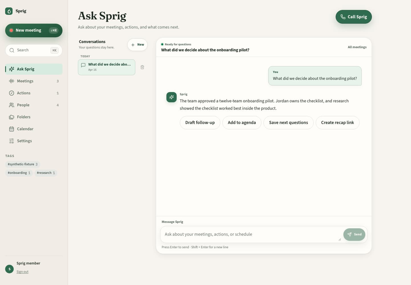 An Ask Sprig answer scoped to all meetings, about an onboarding pilot.